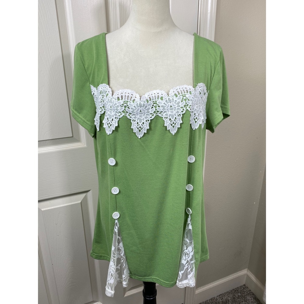 Noracora Green Tunic Top with Lace Trim and Buttons Women's Size XXL Cottagecore